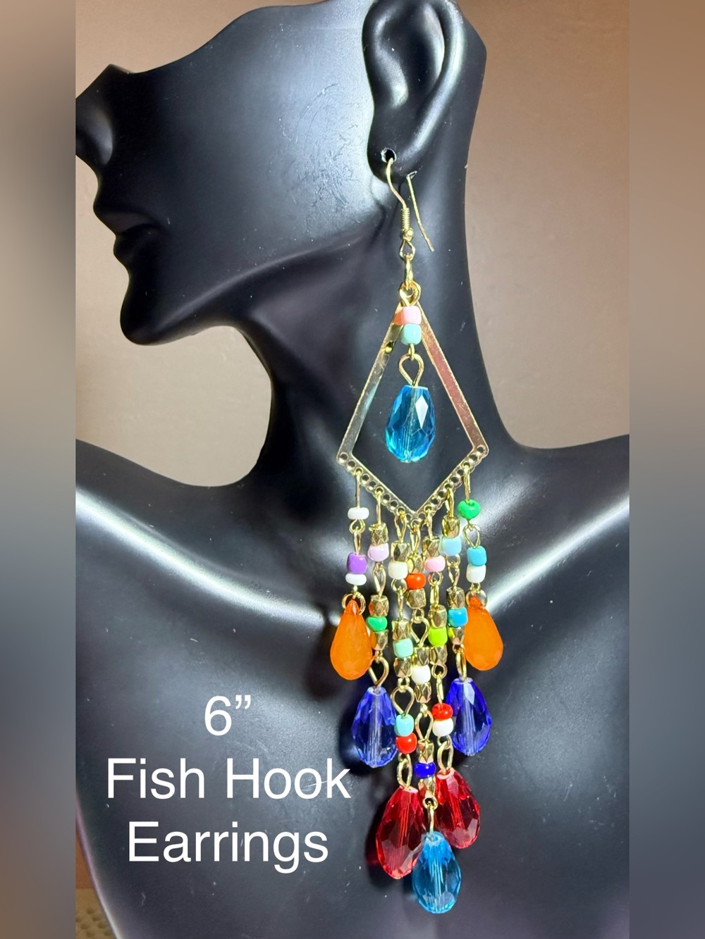 Gold-Tone Multicolor Bead Drop Earrings with Blue and Orange Crystals